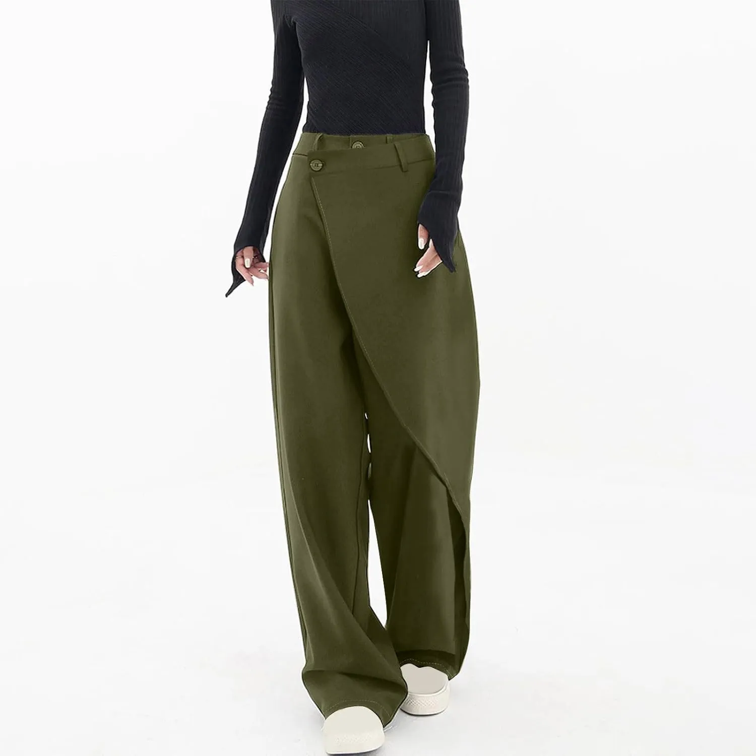 Women Pants High Waisted Wide Leg Pants Irregular Patchwork Casual Loose Solid Color Full Length Straight Trousers