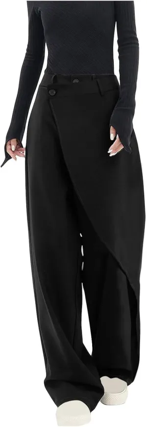 Women Pants High Waisted Wide Leg Pants Irregular Patchwork Casual Loose Solid Color Full Length Straight Trousers