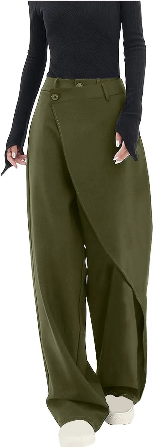 Women Pants High Waisted Wide Leg Pants Irregular Patchwork Casual Loose Solid Color Full Length Straight Trousers