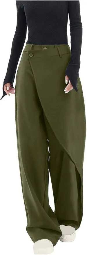 Women Pants High Waisted Wide Leg Pants Irregular Patchwork Casual Loose Solid Color Full Length Straight Trousers