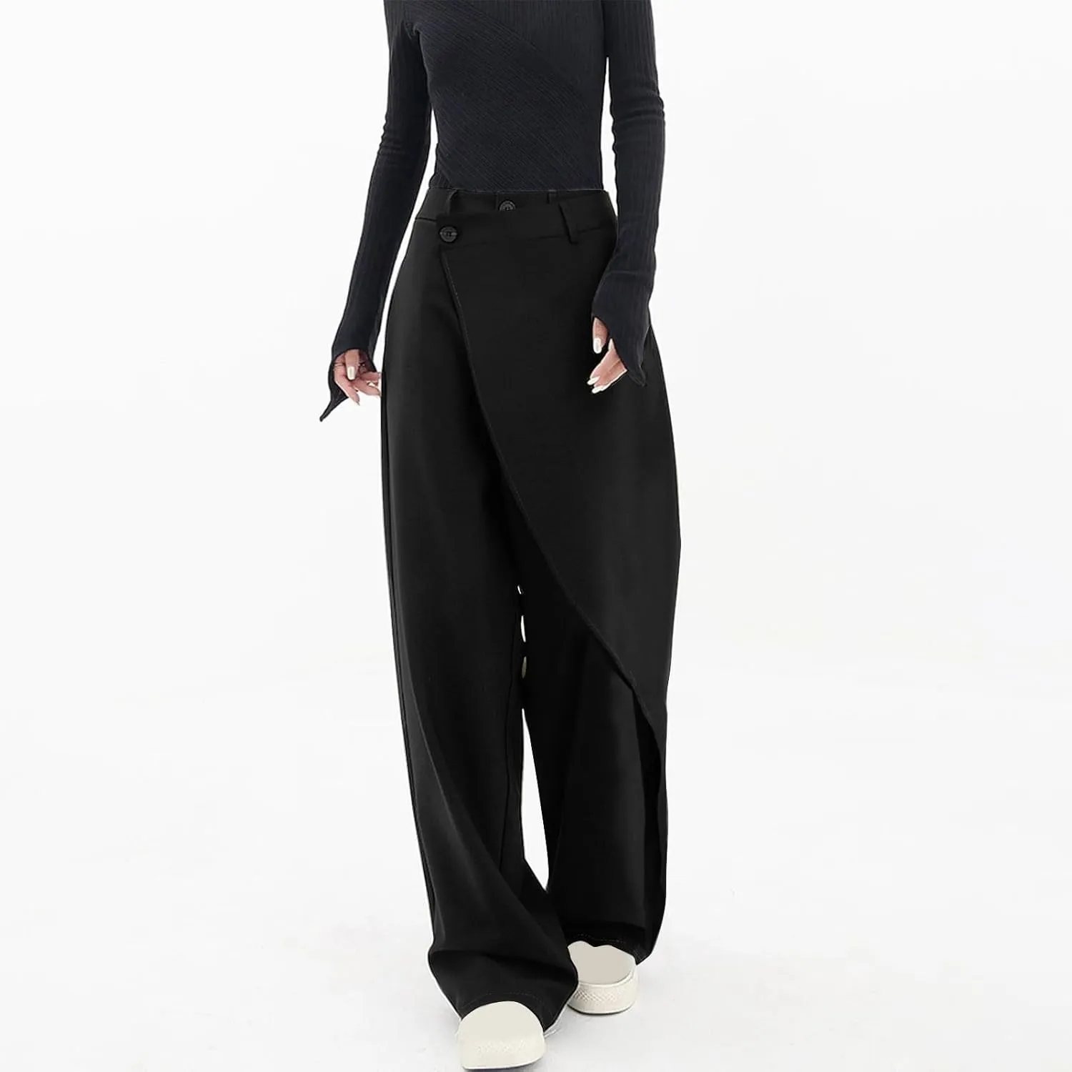 Women Pants High Waisted Wide Leg Pants Irregular Patchwork Casual Loose Solid Color Full Length Straight Trousers