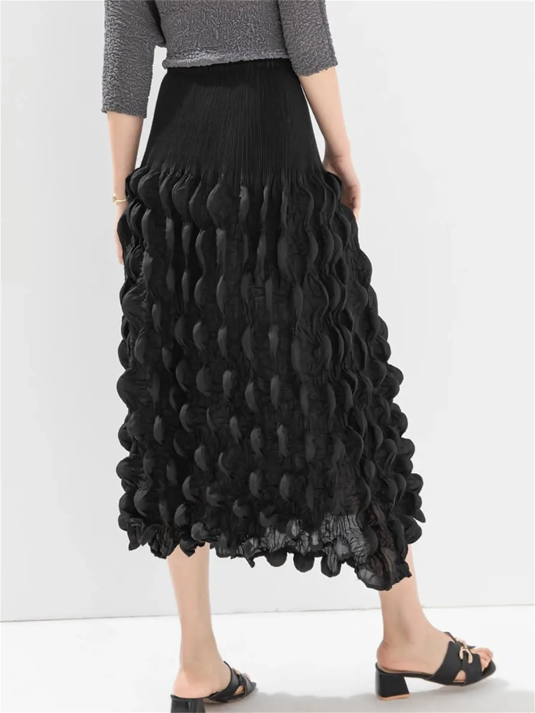 Women Pleated Design A-Line Skirt for Elastic High Waist Solid Color Folds Skirts