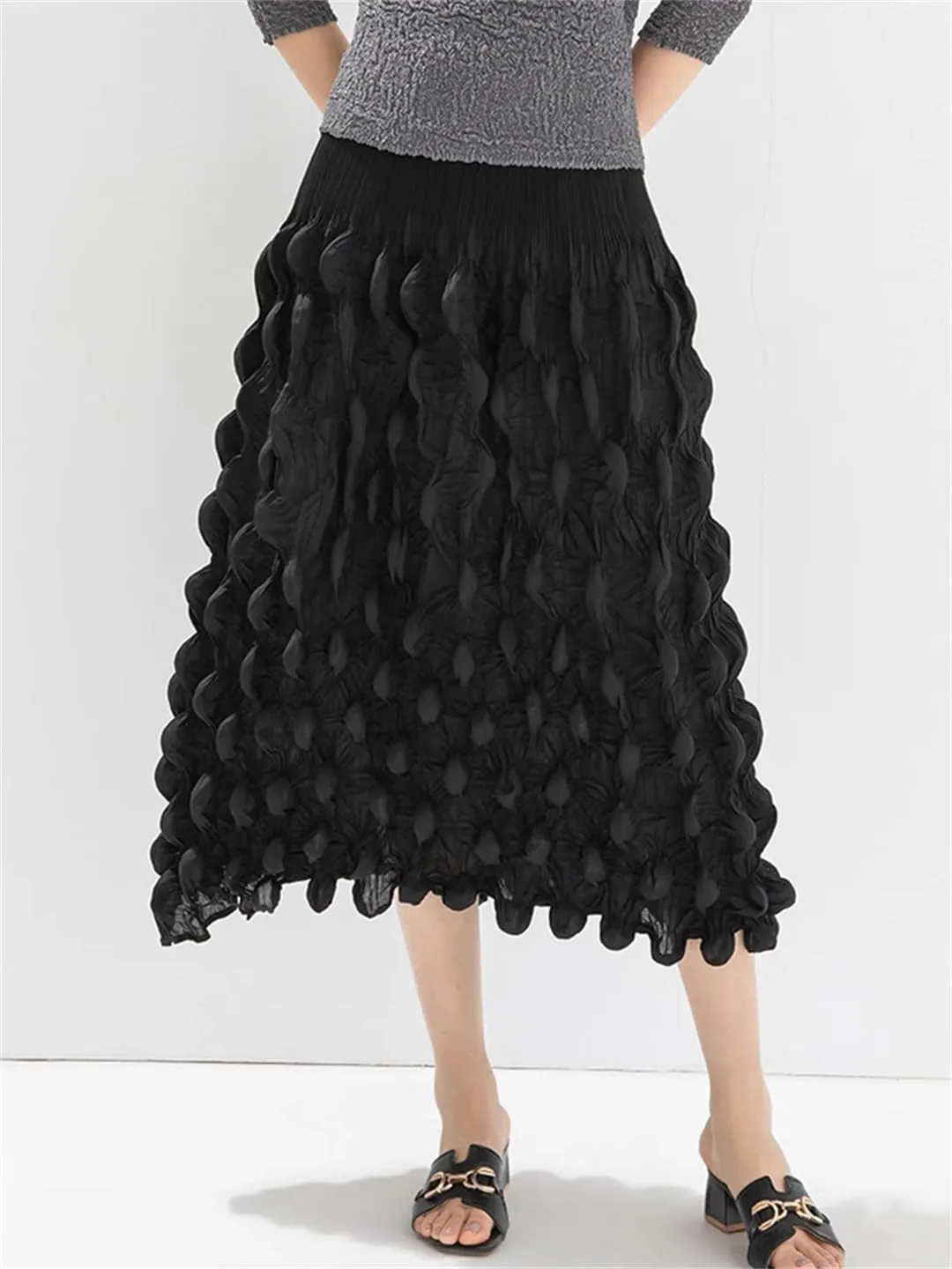 Women Pleated Design A-Line Skirt for Elastic High Waist Solid Color Folds Skirts