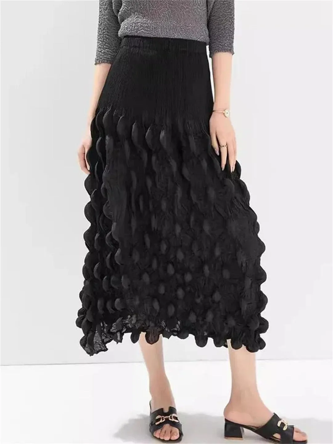 Women Pleated Design A-Line Skirt for Elastic High Waist Solid Color Folds Skirts