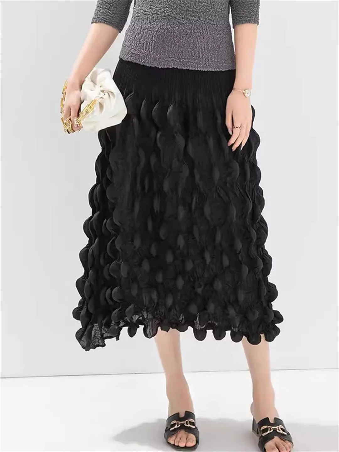 Women Pleated Design A-Line Skirt for Elastic High Waist Solid Color Folds Skirts