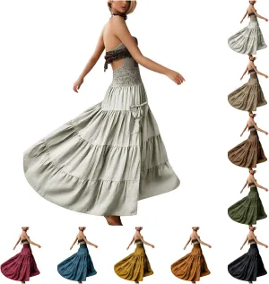 Women Ruffle Maxi Skirt 2025 Casual Boho Flowy Swing Tiered Flared A-Line Pleated Elastic Waist Midi Beach Dress,A001White,XL