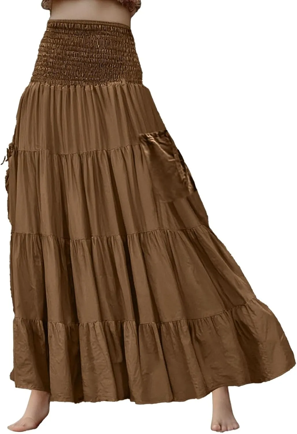 Women Ruffle Maxi Skirt 2025 Casual Boho Flowy Swing Tiered Flared A-Line Pleated Elastic Waist Midi Beach Dress,A004Brown,L