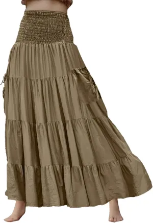 Women Ruffle Maxi Skirt 2025 Casual Boho Flowy Swing Tiered Flared A-Line Pleated Elastic Waist Midi Beach Dress,A007Khaki,XL