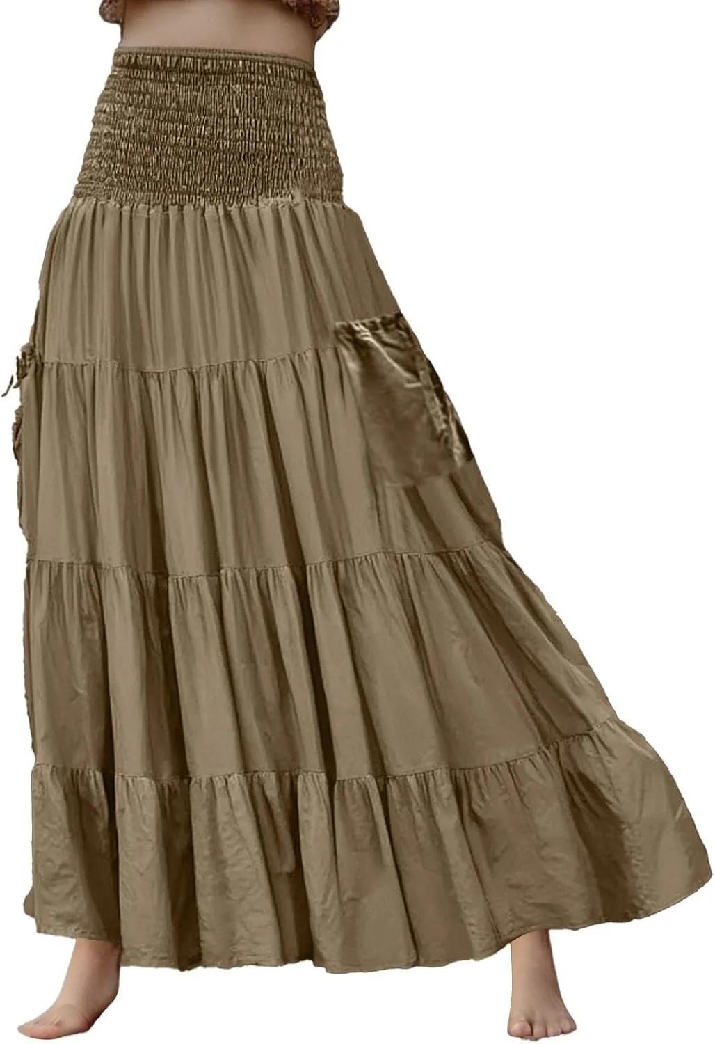 Women Ruffle Maxi Skirt 2025 Casual Boho Flowy Swing Tiered Flared A-Line Pleated Elastic Waist Midi Beach Dress,A007Khaki,XL