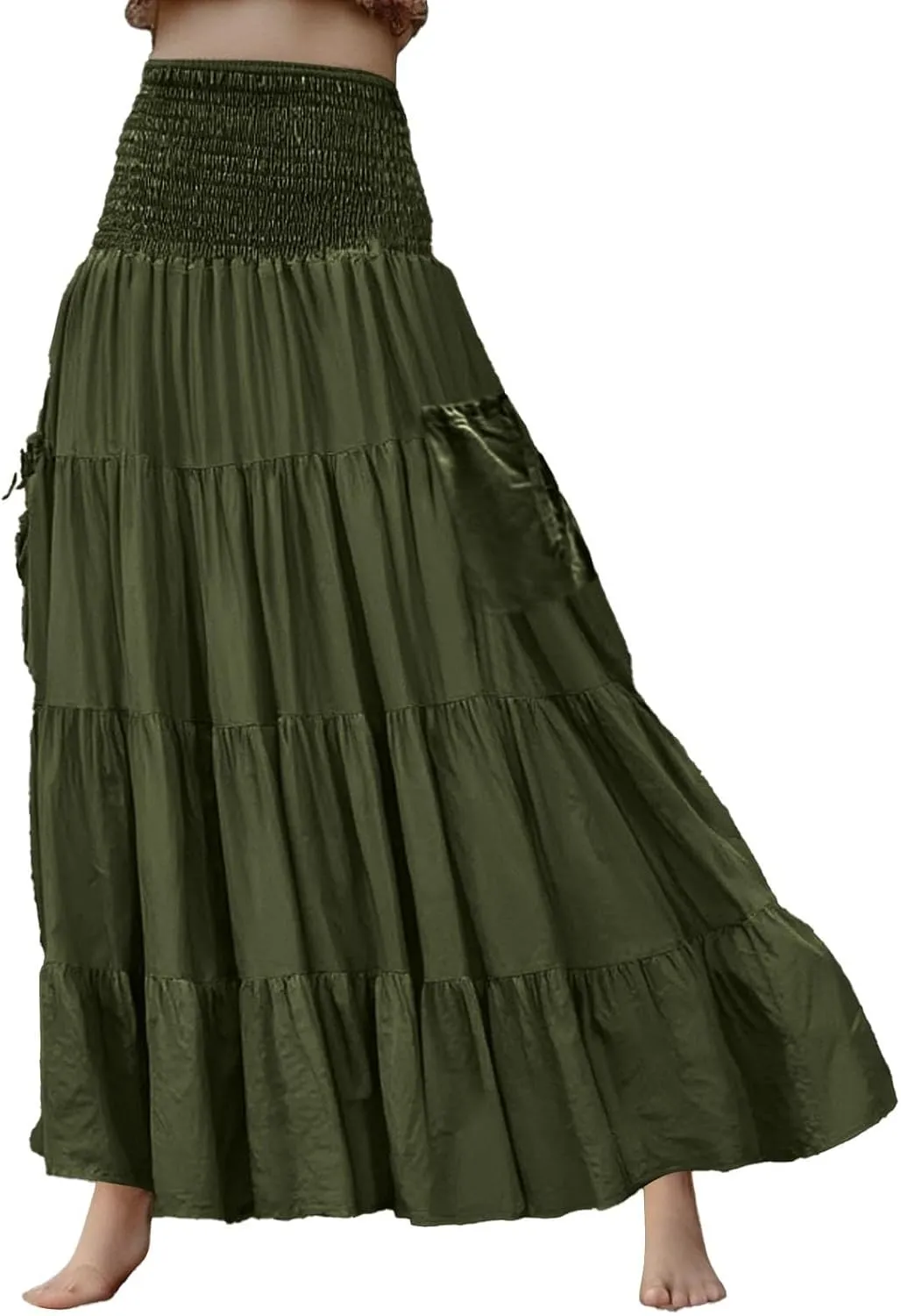 Women Ruffle Maxi Skirt 2025 Casual Boho Flowy Swing Tiered Flared A-Line Pleated Elastic Waist Midi Beach Dress,A009Army Green,S