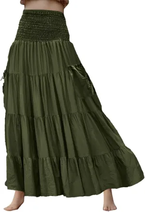 Women Ruffle Maxi Skirt 2025 Casual Boho Flowy Swing Tiered Flared A-Line Pleated Elastic Waist Midi Beach Dress,A009Army Green,S
