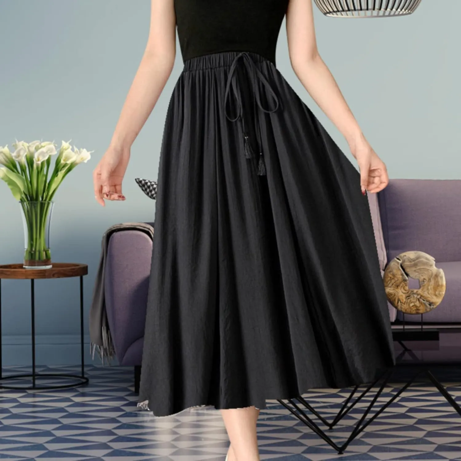 Women Summer Casual Boho Floral Maxi Skirt Elastic High Waist Tiered Pleated Flowy Long Beach Skirt with Pockets