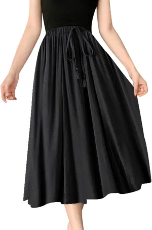 Women Summer Casual Boho Floral Maxi Skirt Elastic High Waist Tiered Pleated Flowy Long Beach Skirt with Pockets
