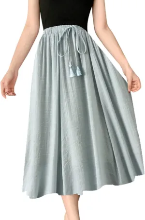 Women Summer Casual Boho Floral Maxi Skirt Elastic High Waist Tiered Pleated Flowy Long Beach Skirt with Pockets