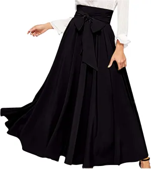 Women Trendy 2024 Bowknot Belt Waist Maxi Skirts Elegant Pleated Wrap Flared Long Swing Skirt Boho Flowy Beach Outfit