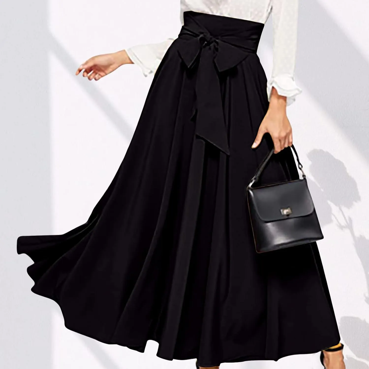Women Trendy 2024 Bowknot Belt Waist Maxi Skirts Elegant Pleated Wrap Flared Long Swing Skirt Boho Flowy Beach Outfit
