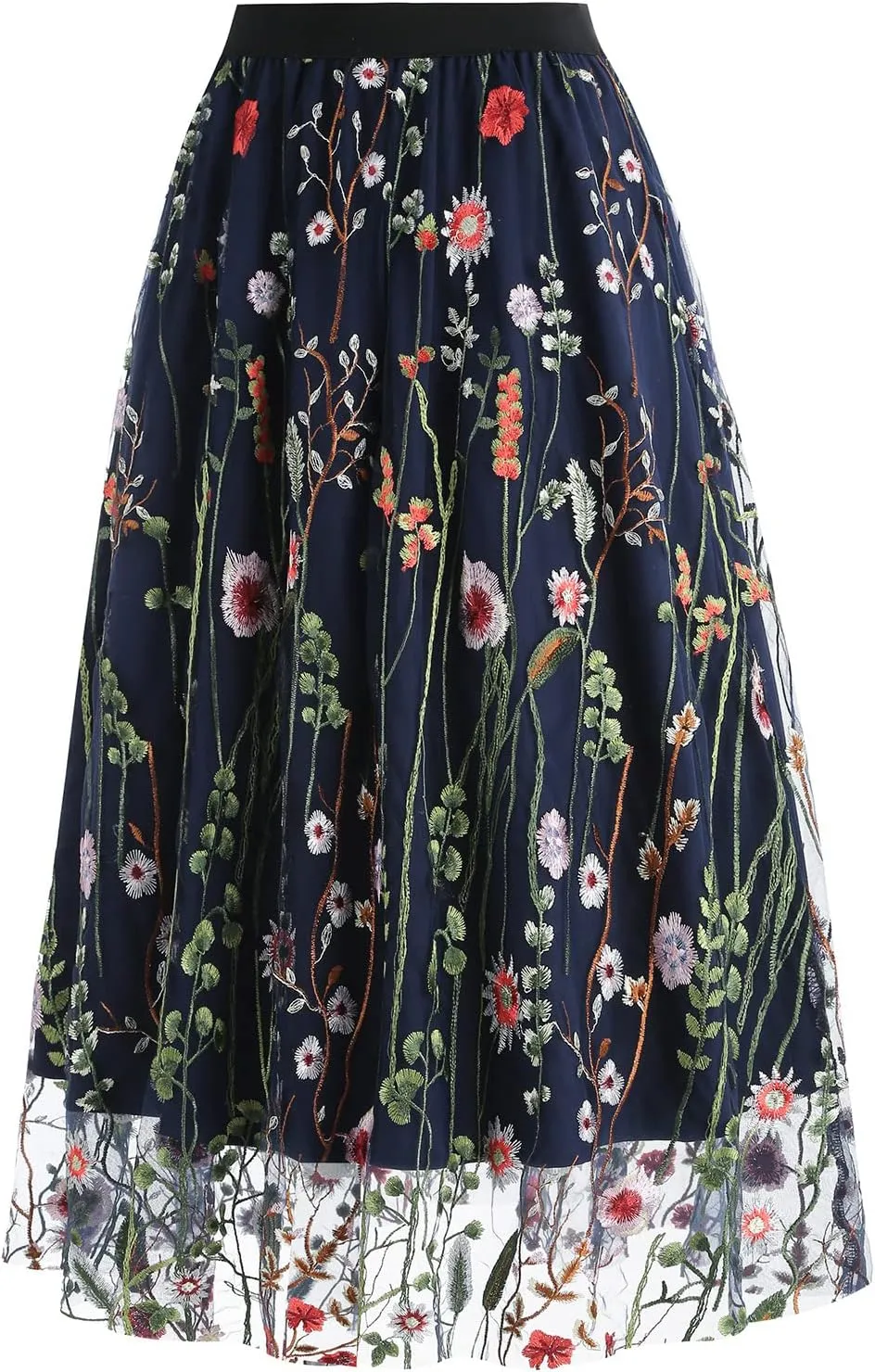Women Vintage Floral Embroidered Tulle Midi Skirt 50s Party Elastic High Waist A-line Swing Skirts