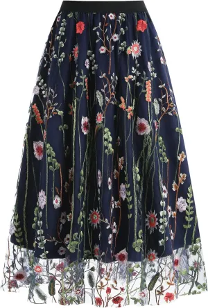 Women Vintage Floral Embroidered Tulle Midi Skirt 50s Party Elastic High Waist A-line Swing Skirts