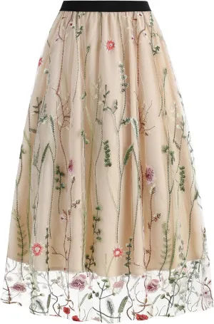 Women Vintage Floral Embroidered Tulle Midi Skirt 50s Party Elastic High Waist A-line Swing Skirts