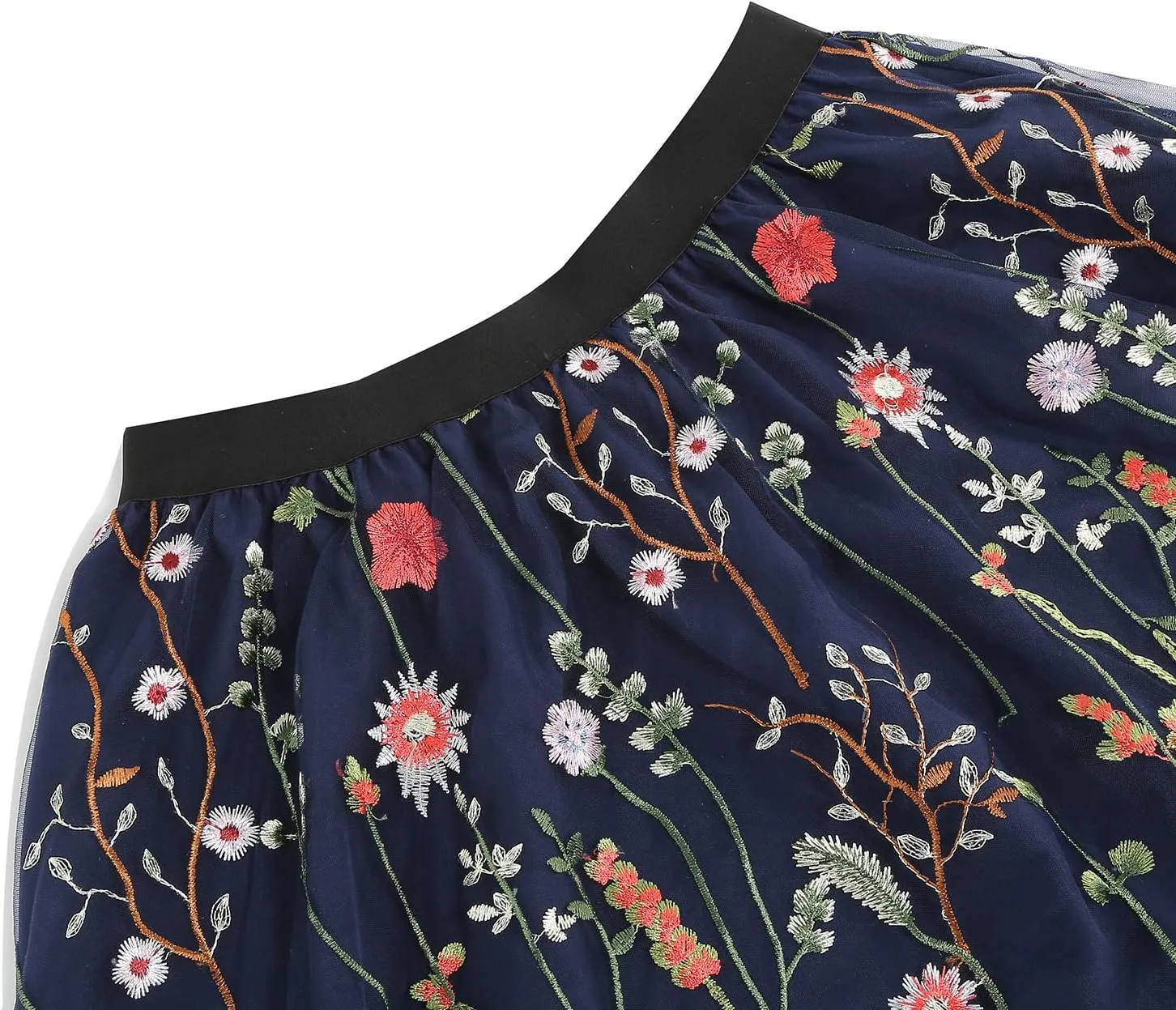 Women Vintage Floral Embroidered Tulle Midi Skirt 50s Party Elastic High Waist A-line Swing Skirts