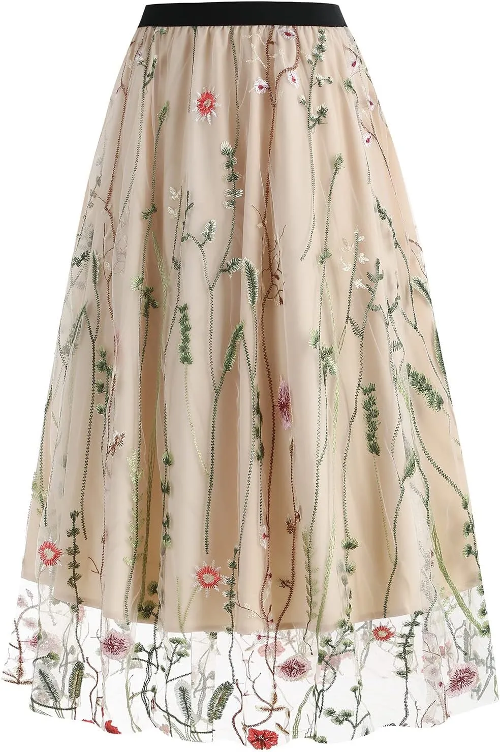 Women Vintage Floral Embroidered Tulle Midi Skirt 50s Party Elastic High Waist A-line Swing Skirts