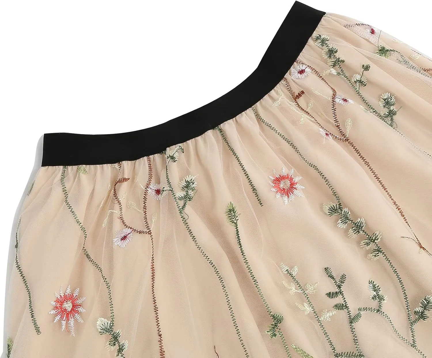 Women Vintage Floral Embroidered Tulle Midi Skirt 50s Party Elastic High Waist A-line Swing Skirts