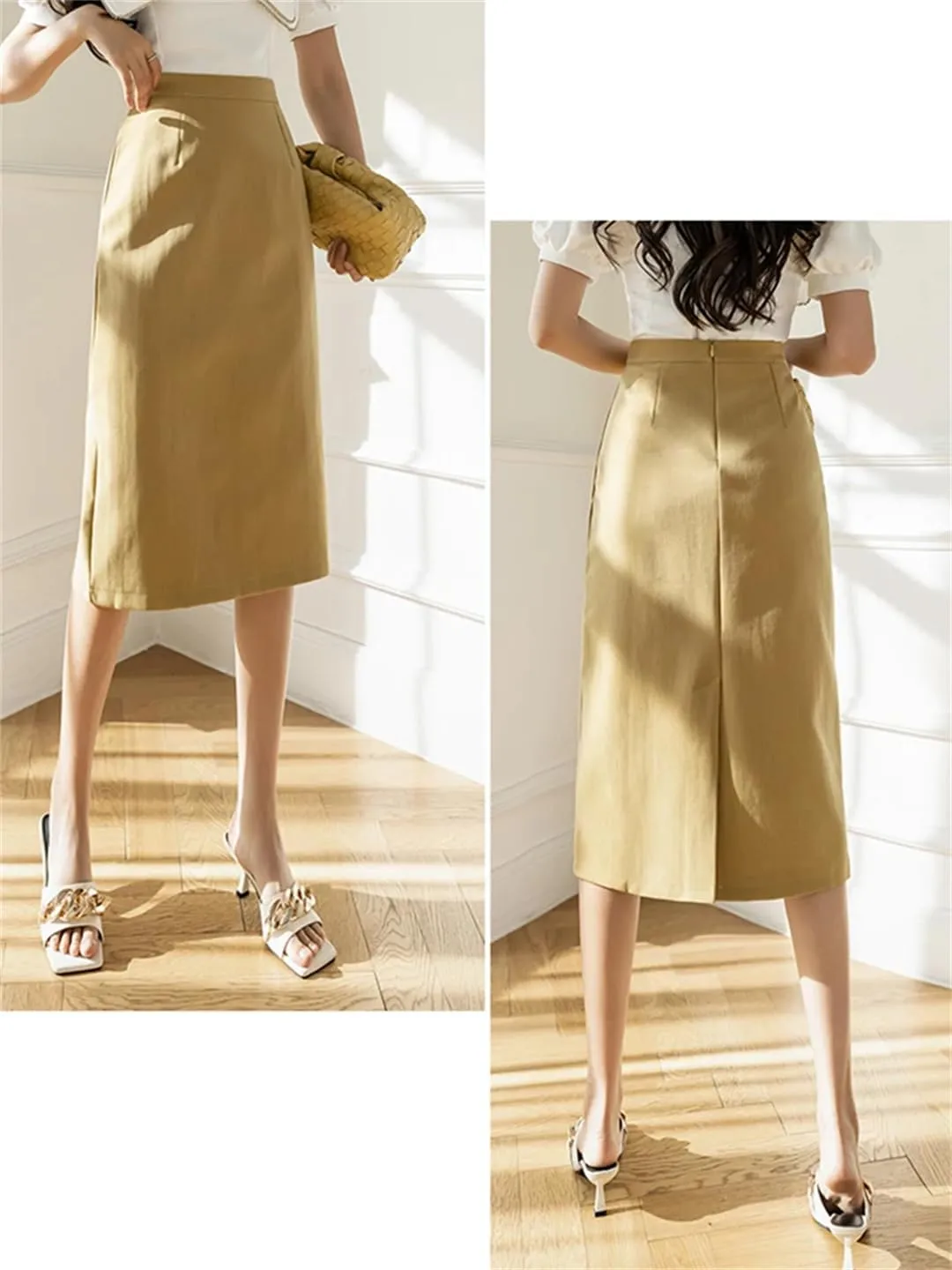 Women Vintage Solid Pencil Streetwear High Waist Falda Mujer Split Bodycon Wrap Long Skirts