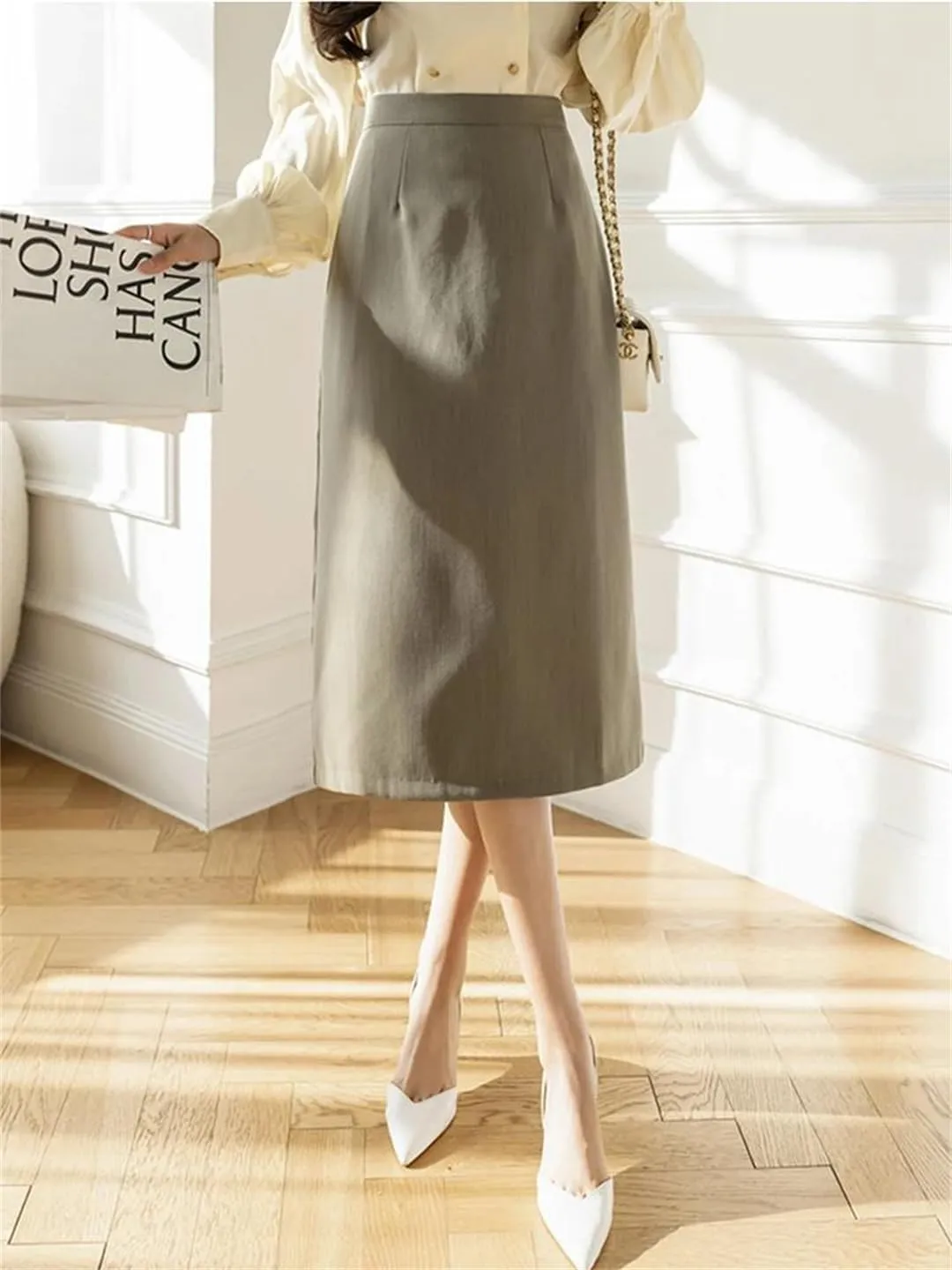 Women Vintage Solid Pencil Streetwear High Waist Falda Mujer Split Bodycon Wrap Long Skirts