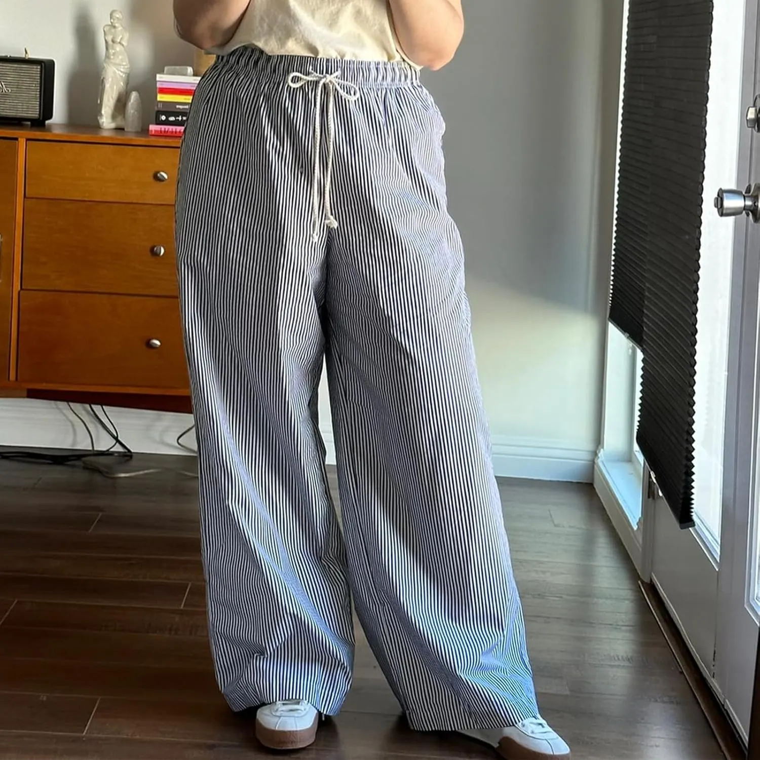 Women Y2k Striped Pants Wide Leg Drawstring Elastic High Waist Lounge Trousers Spring Fall Casual Vintage Streetwear