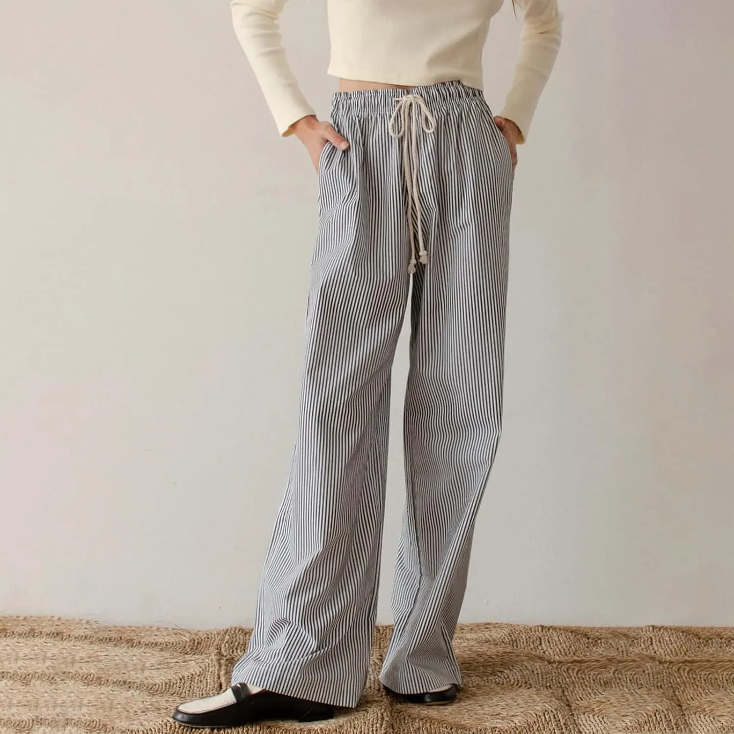 Women Y2k Striped Pants Wide Leg Drawstring Elastic High Waist Lounge Trousers Spring Fall Casual Vintage Streetwear