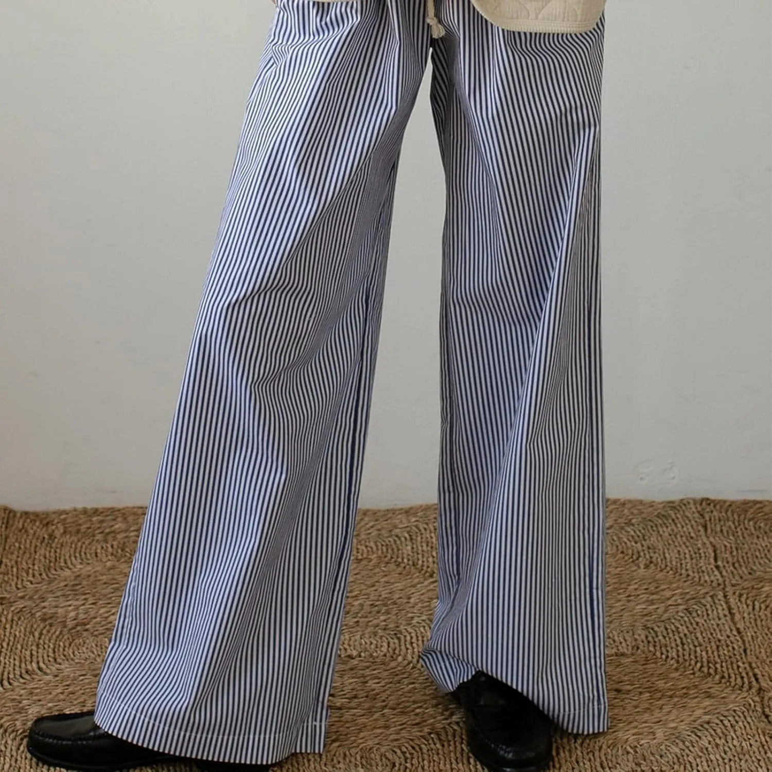 Women Y2k Striped Pants Wide Leg Drawstring Elastic High Waist Lounge Trousers Spring Fall Casual Vintage Streetwear