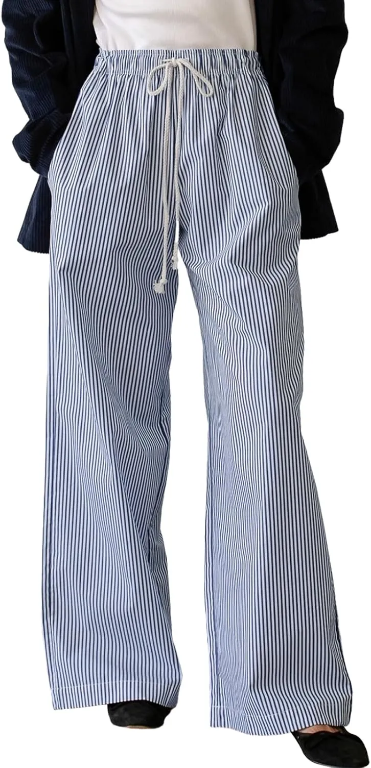 Women Y2k Striped Pants Wide Leg Drawstring Elastic High Waist Lounge Trousers Spring Fall Casual Vintage Streetwear