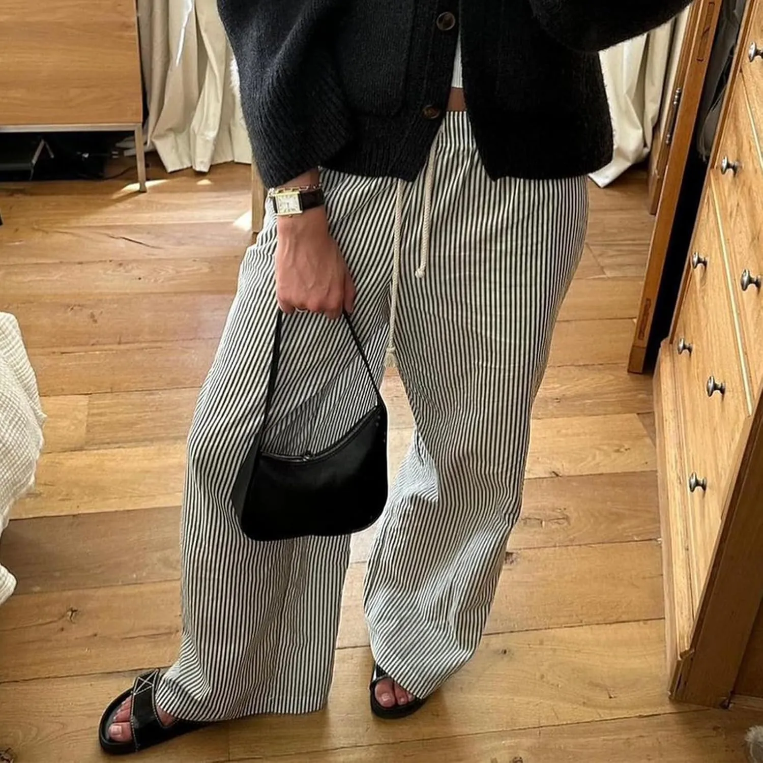 Women Y2k Striped Pants Wide Leg Drawstring Elastic High Waist Lounge Trousers Spring Fall Casual Vintage Streetwear