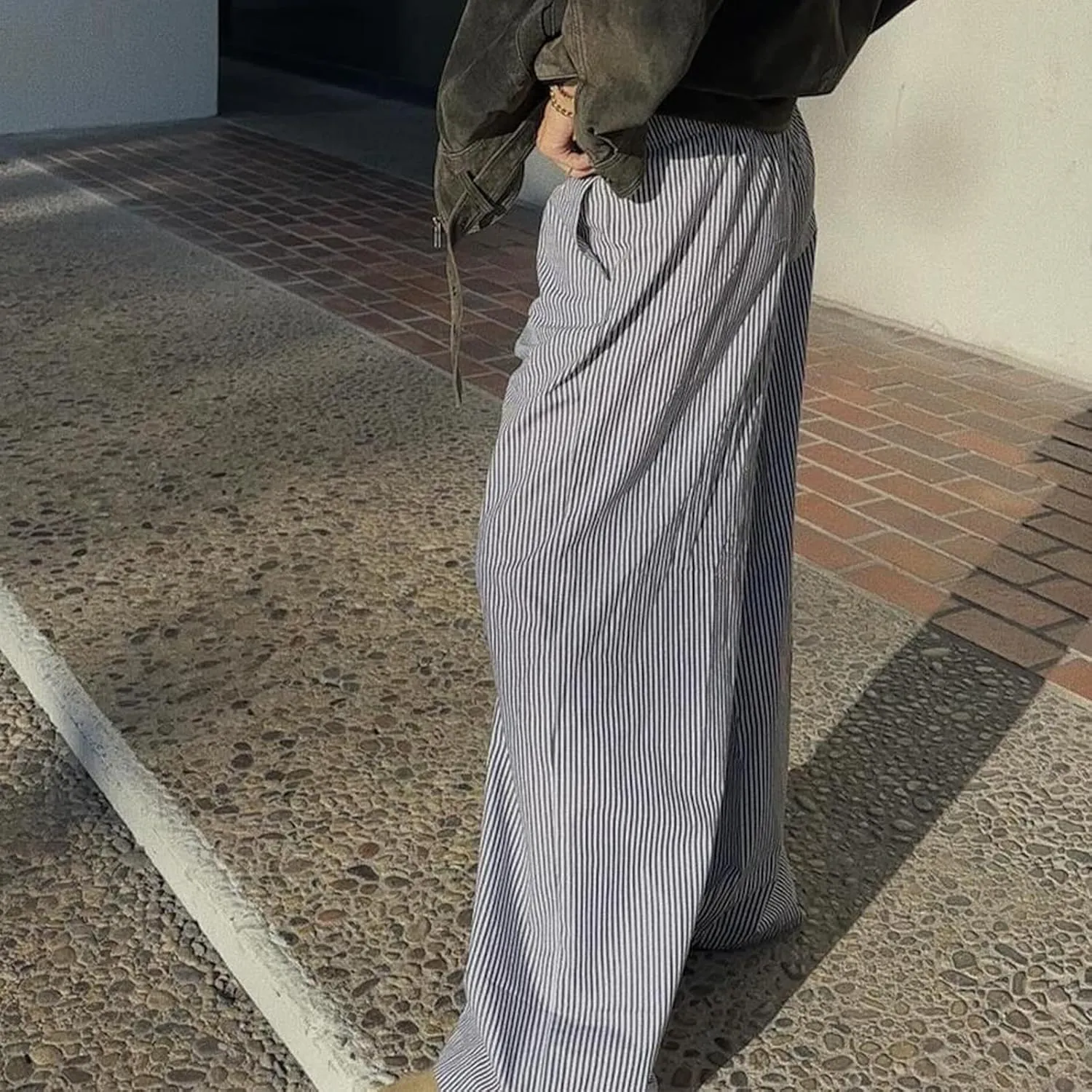 Women Y2k Striped Pants Wide Leg Drawstring Elastic High Waist Lounge Trousers Spring Fall Casual Vintage Streetwear