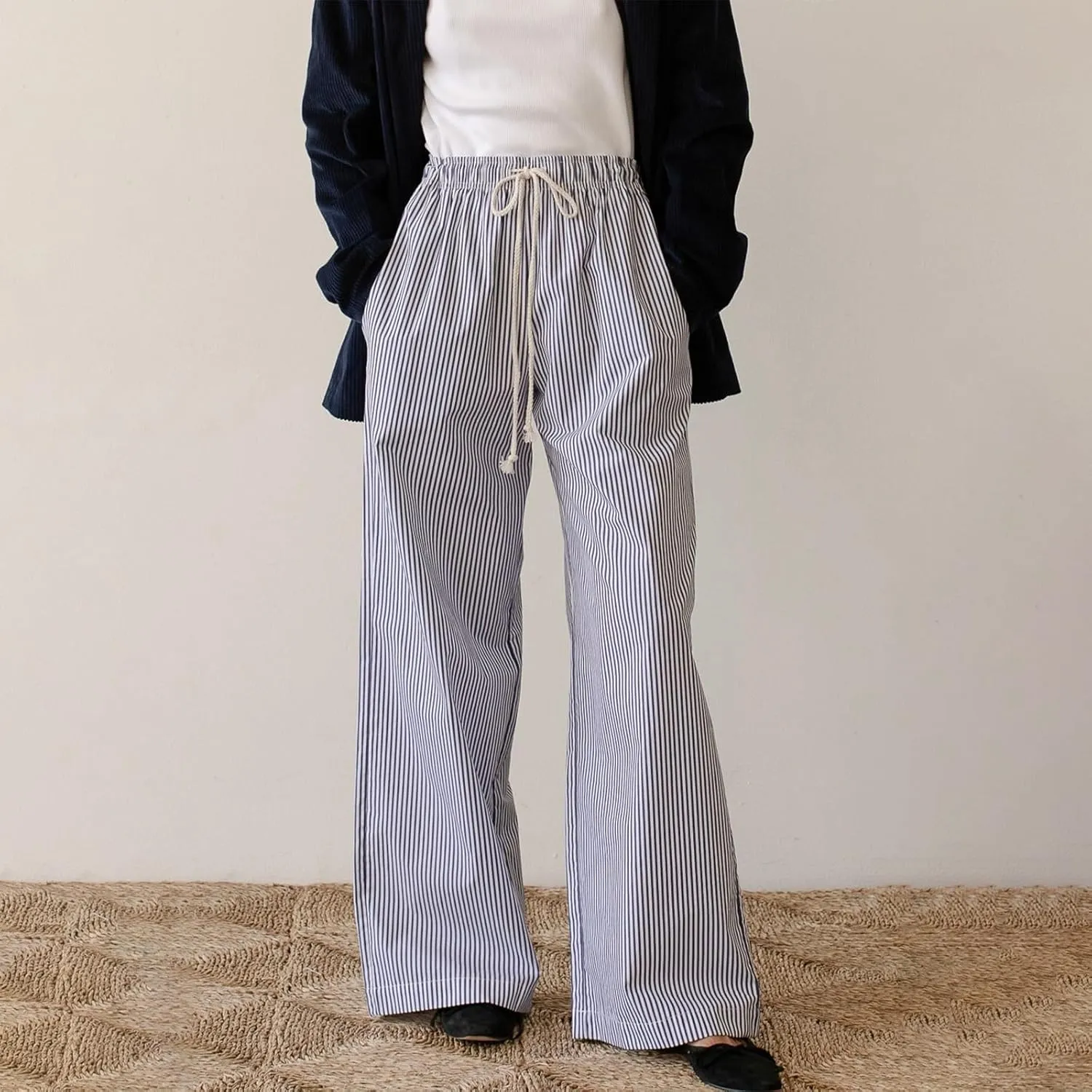 Women Y2k Striped Pants Wide Leg Drawstring Elastic High Waist Lounge Trousers Spring Fall Casual Vintage Streetwear