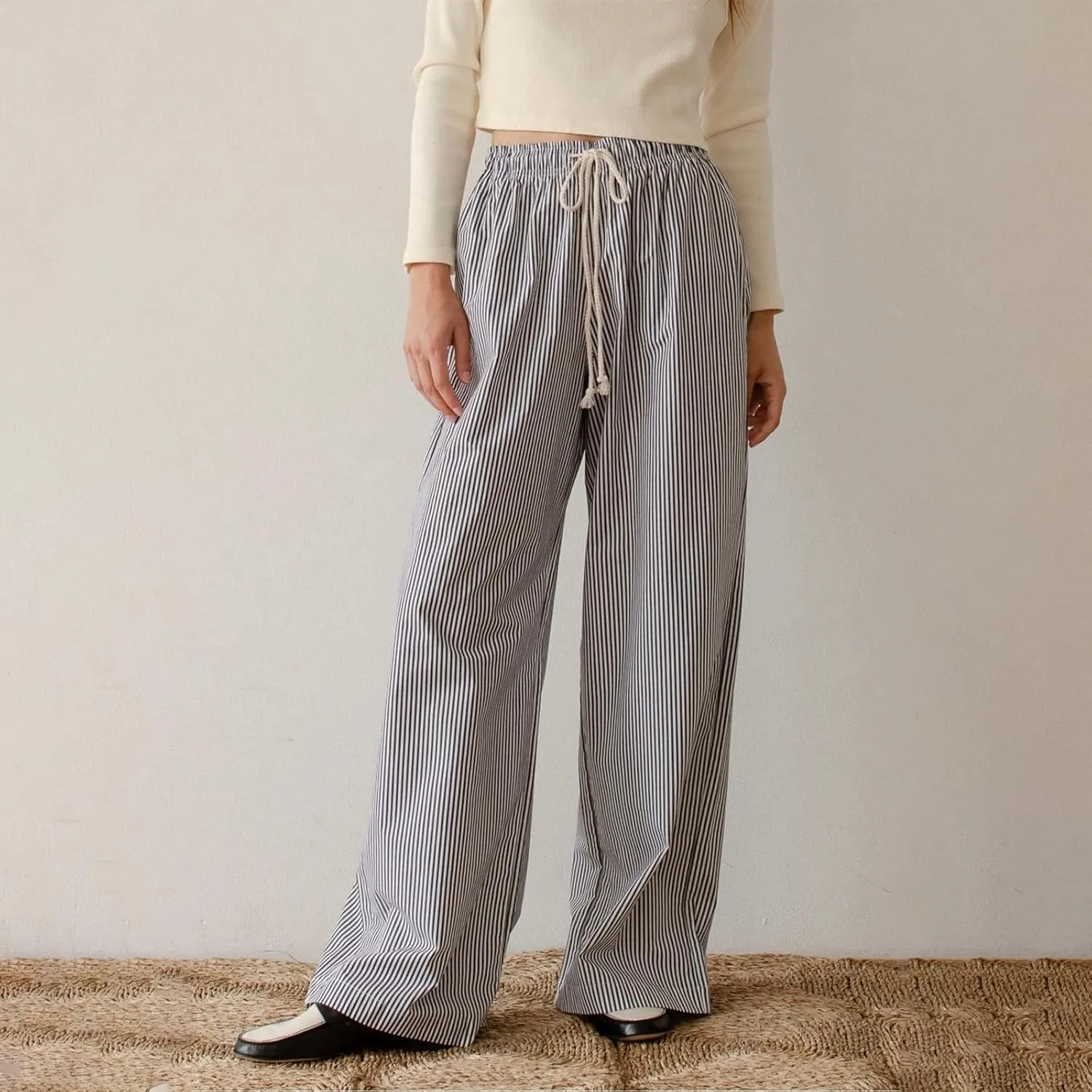 Women Y2k Striped Pants Wide Leg Drawstring Elastic High Waist Lounge Trousers Spring Fall Casual Vintage Streetwear