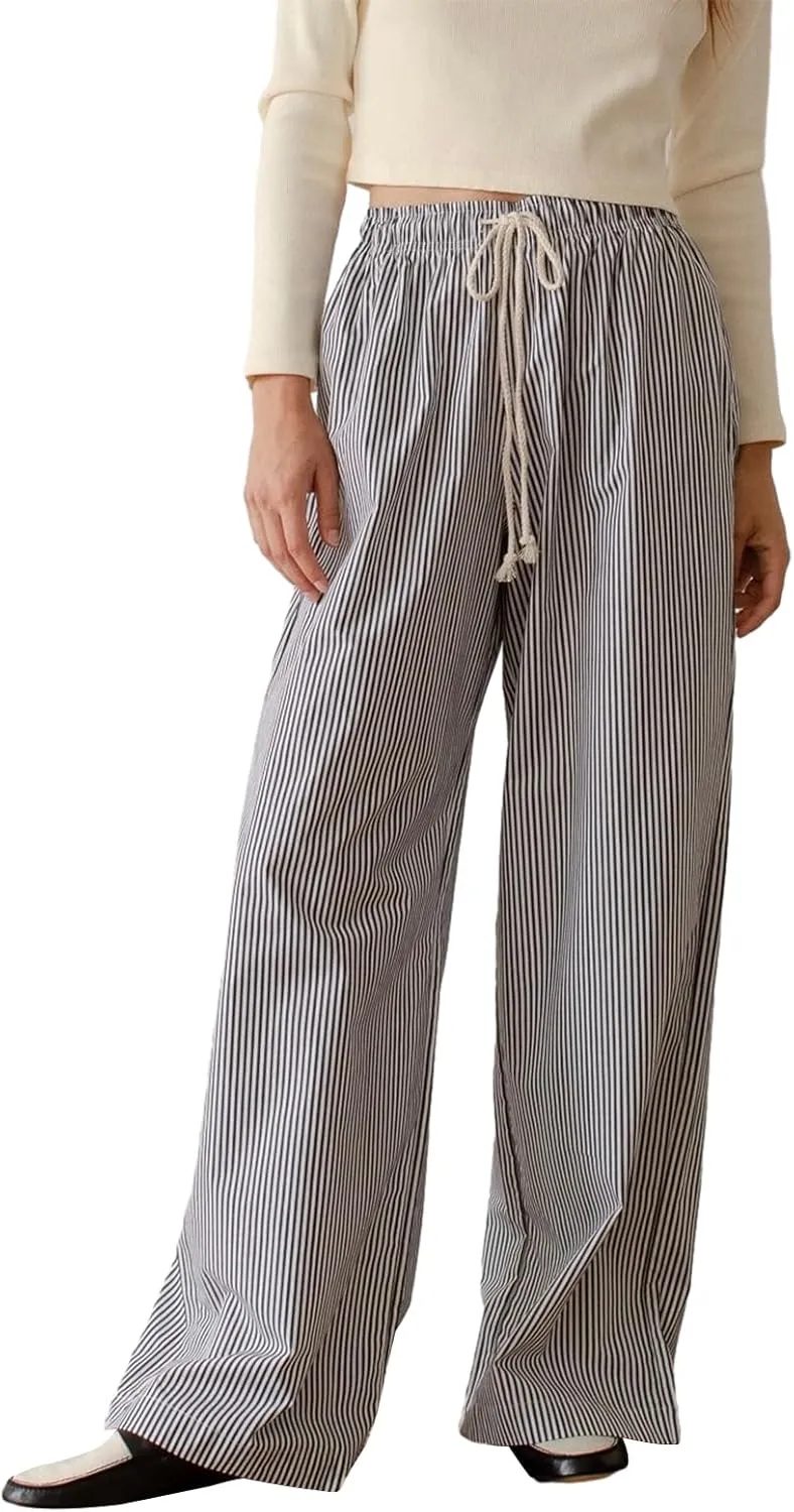 Women Y2k Striped Pants Wide Leg Drawstring Elastic High Waist Lounge Trousers Spring Fall Casual Vintage Streetwear