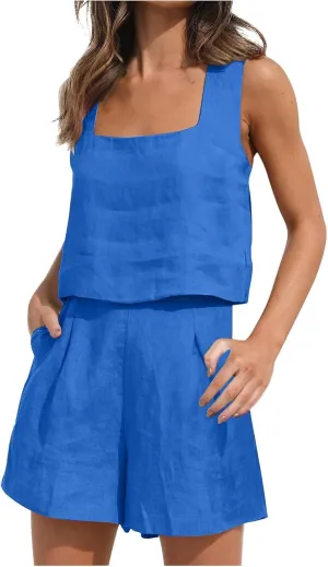 Women's 2 Piece Sets Linen Tank Cropped Tops Matching Lounge Shorts Sets for Women Summer Two Piece Outfits Pajamas