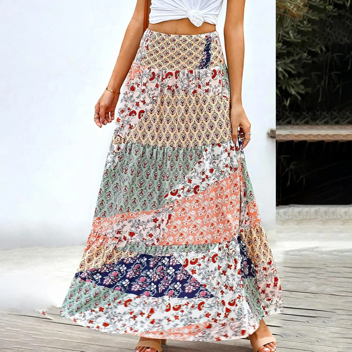 Women's 2025 Boho Long Skirts Print High Waist A Line Maxi Skirts Summer Casual Printed Pleated Ruffle Flowy Skirt
