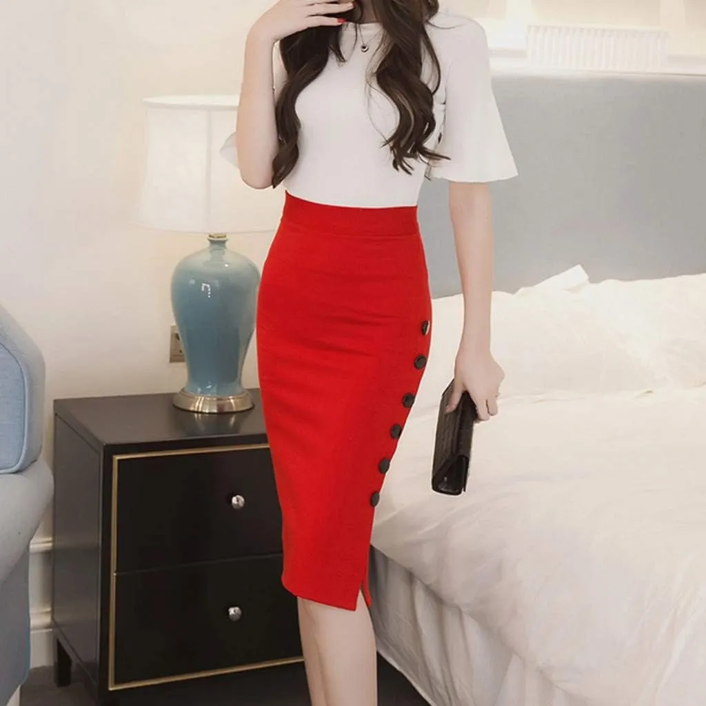 Womens 2025 High Waisted Pencil Skirt Side Button Slit Work Office Skirts Knee Length Plus Size Business Bodycon