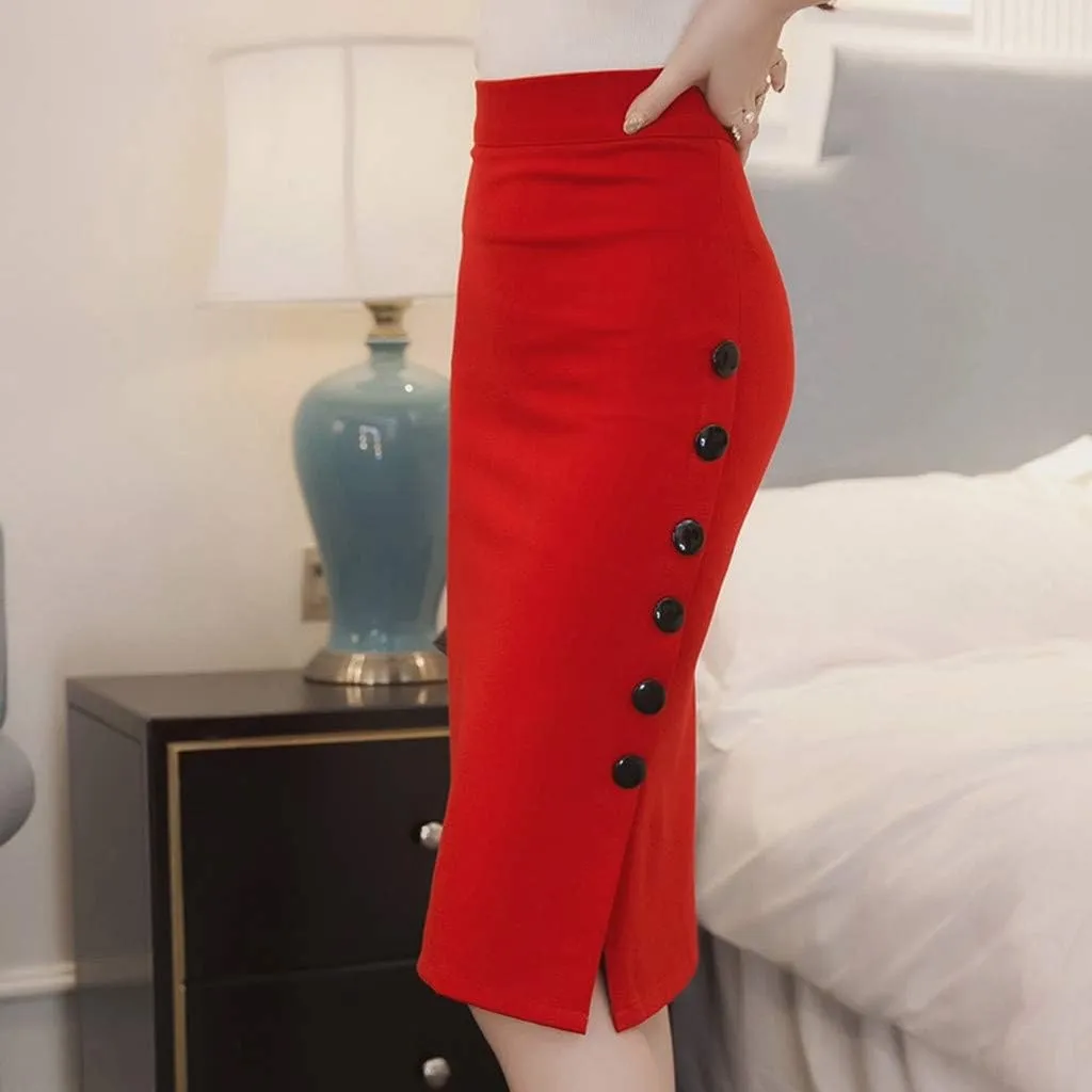 Womens 2025 High Waisted Pencil Skirt Side Button Slit Work Office Skirts Knee Length Plus Size Business Bodycon