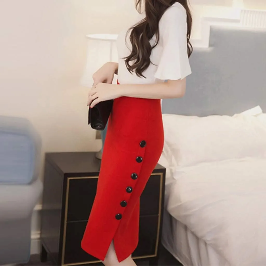 Womens 2025 High Waisted Pencil Skirt Side Button Slit Work Office Skirts Knee Length Plus Size Business Bodycon