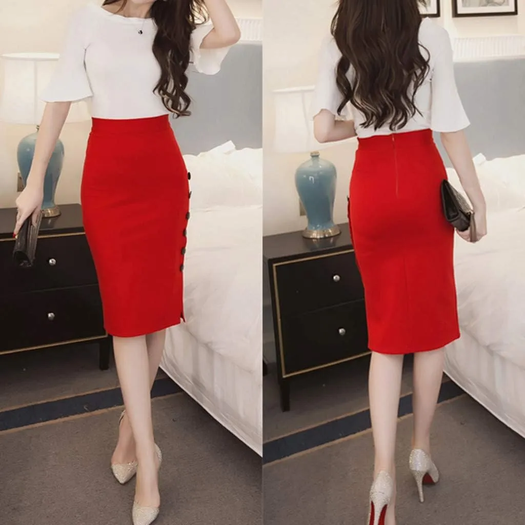 Womens 2025 High Waisted Pencil Skirt Side Button Slit Work Office Skirts Knee Length Plus Size Business Bodycon