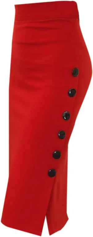 Womens 2025 High Waisted Pencil Skirt Side Button Slit Work Office Skirts Knee Length Plus Size Business Bodycon