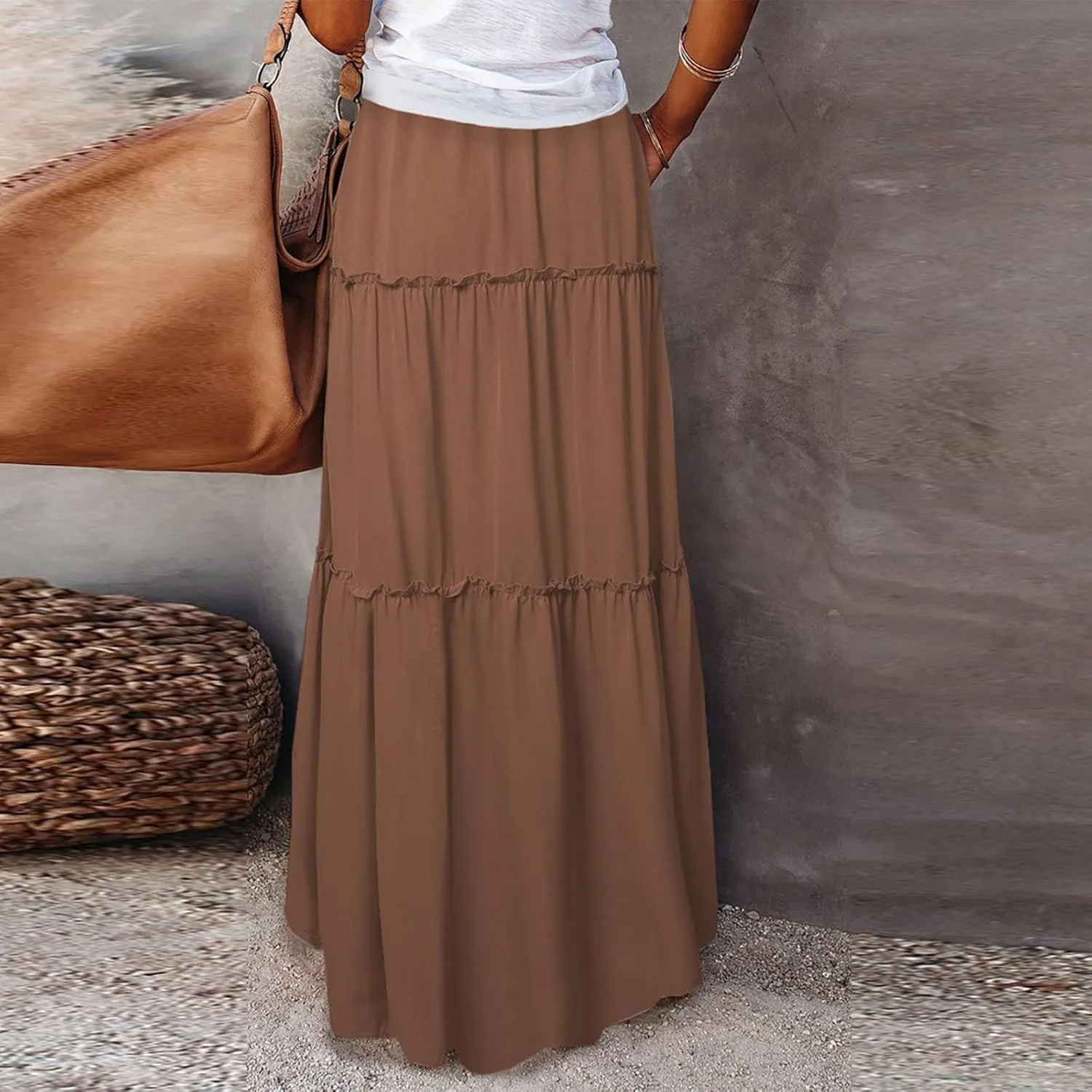 Womens 2025 Summer Long Maxi Skirt Loose Trendy Pleated Tie Knot Elastic High Waisted Flowy Casual A Line Skirts