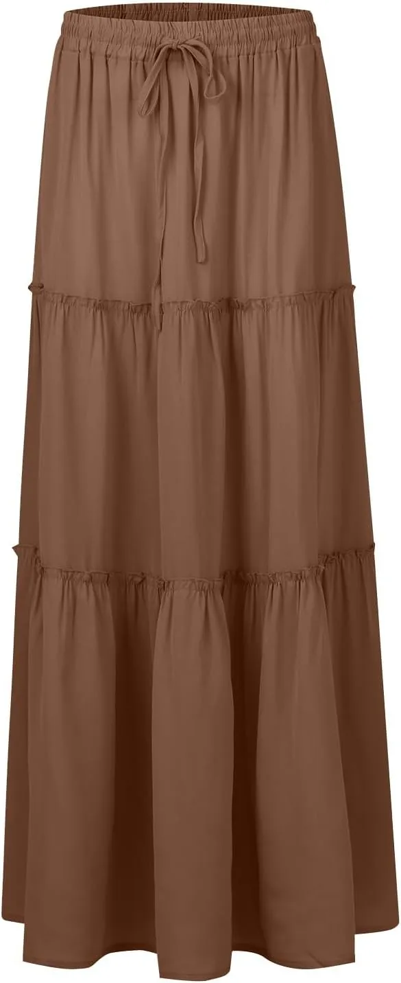 Womens 2025 Summer Long Maxi Skirt Loose Trendy Pleated Tie Knot Elastic High Waisted Flowy Casual A Line Skirts