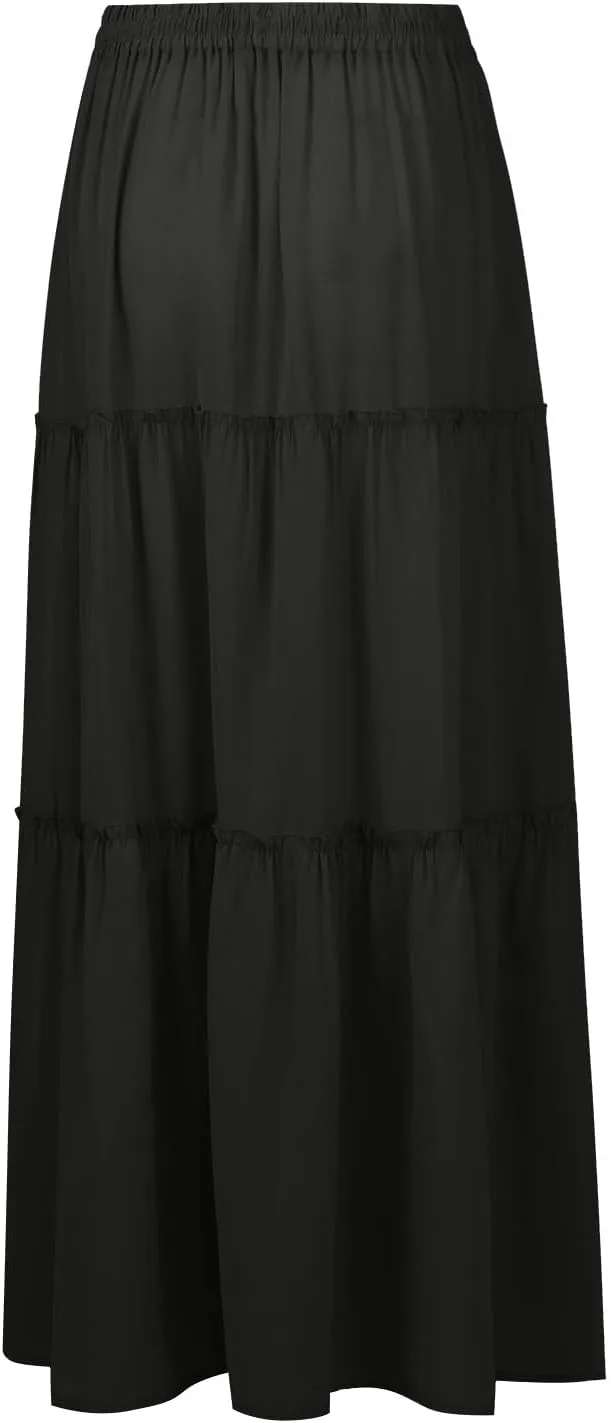 Womens 2025 Summer Long Maxi Skirt Loose Trendy Pleated Tie Knot Elastic High Waisted Flowy Casual A Line Skirts