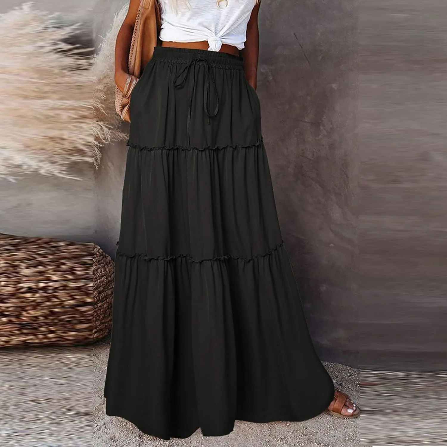 Womens 2025 Summer Long Maxi Skirt Loose Trendy Pleated Tie Knot Elastic High Waisted Flowy Casual A Line Skirts
