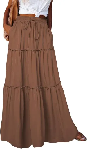 Womens 2025 Summer Long Maxi Skirt Loose Trendy Pleated Tie Knot Elastic High Waisted Flowy Casual A Line Skirts
