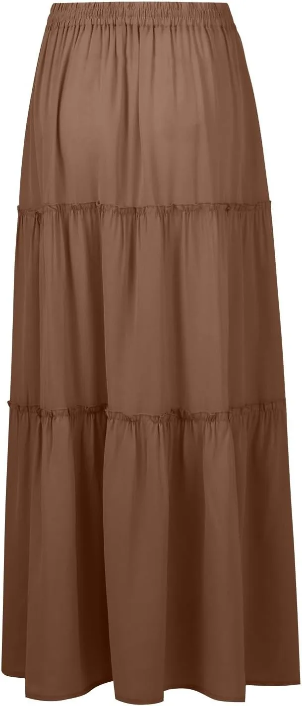 Womens 2025 Summer Long Maxi Skirt Loose Trendy Pleated Tie Knot Elastic High Waisted Flowy Casual A Line Skirts